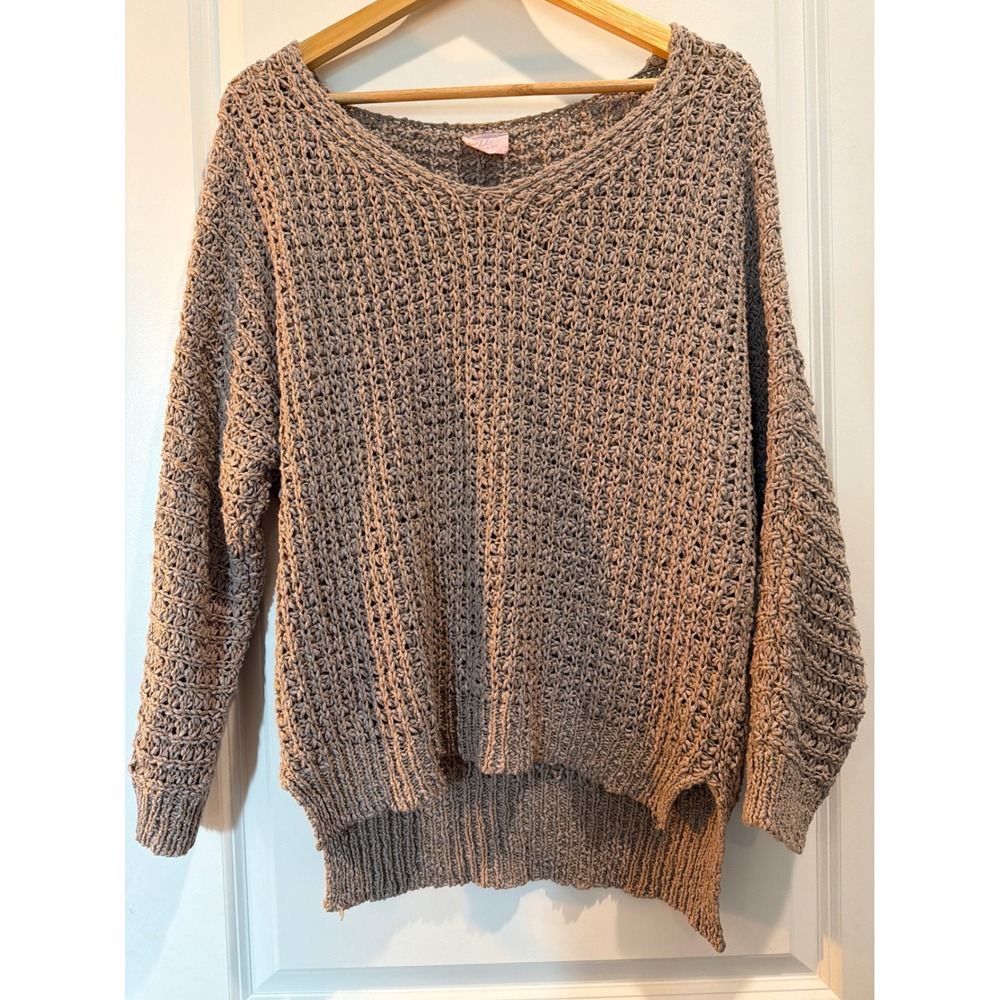 Bobbles & Lace Womens M/L Taupe Open Knit V-Neck Oversized Sweater Pullover